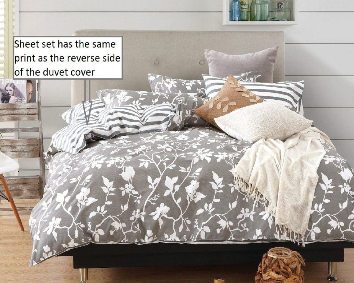 Leafy Vines 100% Cotton Sheet Set: Fitted Sheet, Flat Sheet and Two Pillowcases