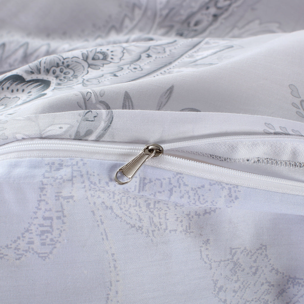 Gray Paisley 100% Cotton Bedding Set: Duvet Cover + Pillow Shams (or + Both Pillow Shams and Pillowcases)