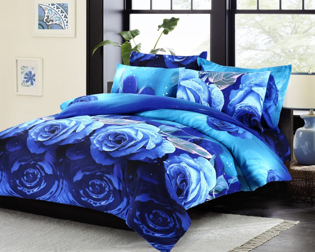 Blue Roses 3-Piece Microfiber Bedding Set: Duvet Cover and Pillow Shams
