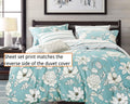 Blue Floral 100% Cotton Sheet Set: Fitted Sheet, Flat Sheet and Two Pillowcases