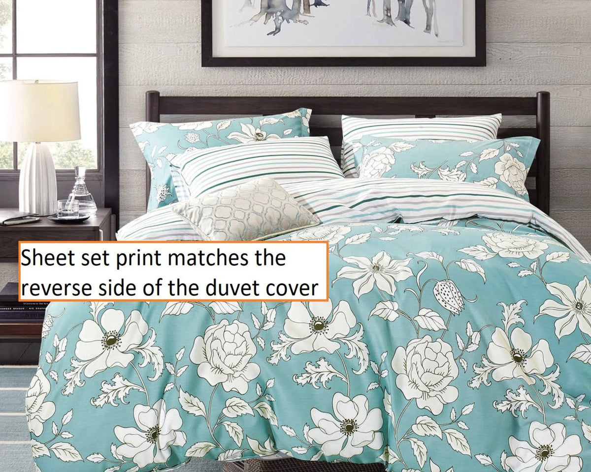Blue Floral 100% Cotton Sheet Set: Fitted Sheet, Flat Sheet and Two Pillowcases