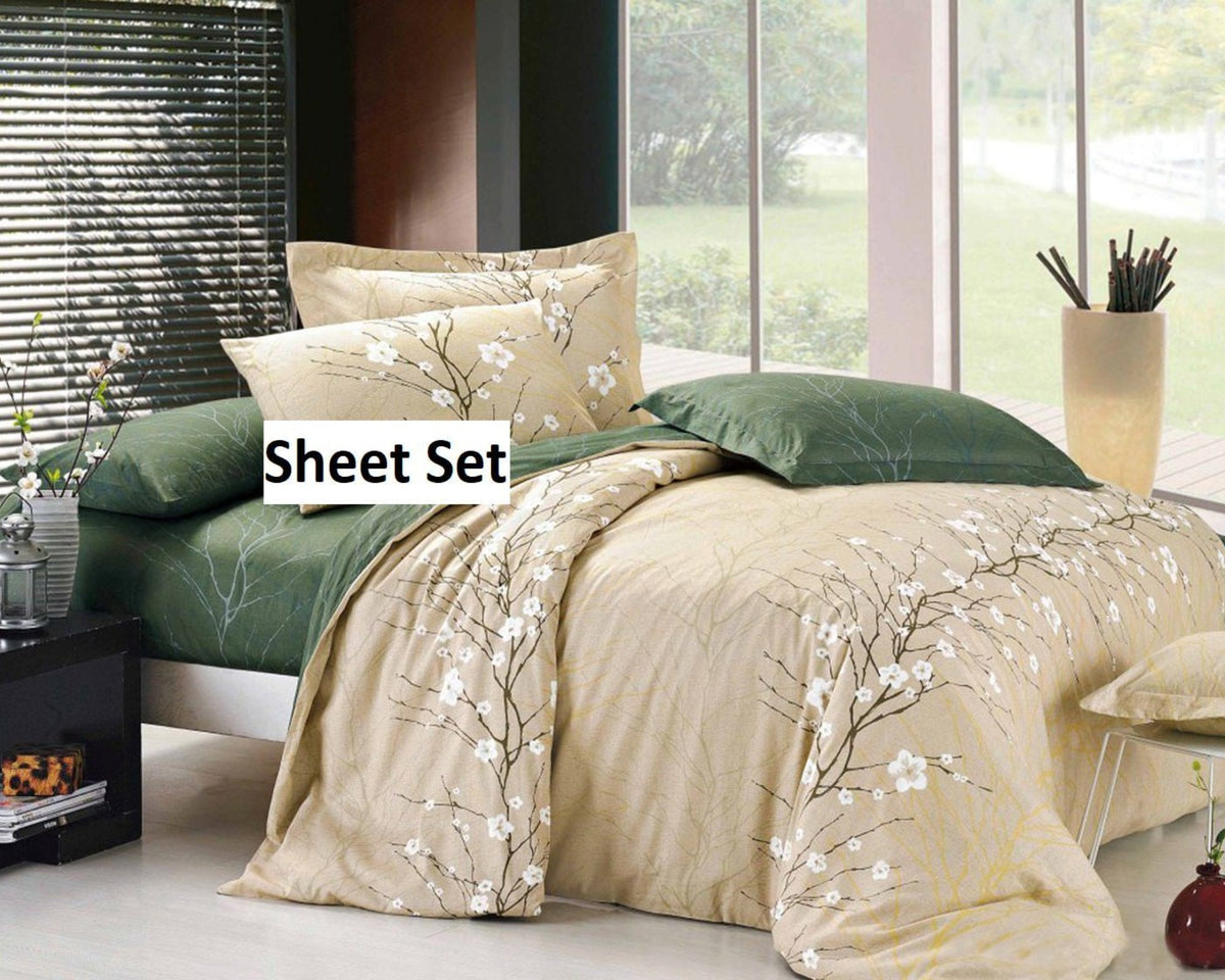 Dark Green Tree Branches 100% Cotton Sheet Set: Fitted Sheet, Flat Sheet and Two Pillowcases