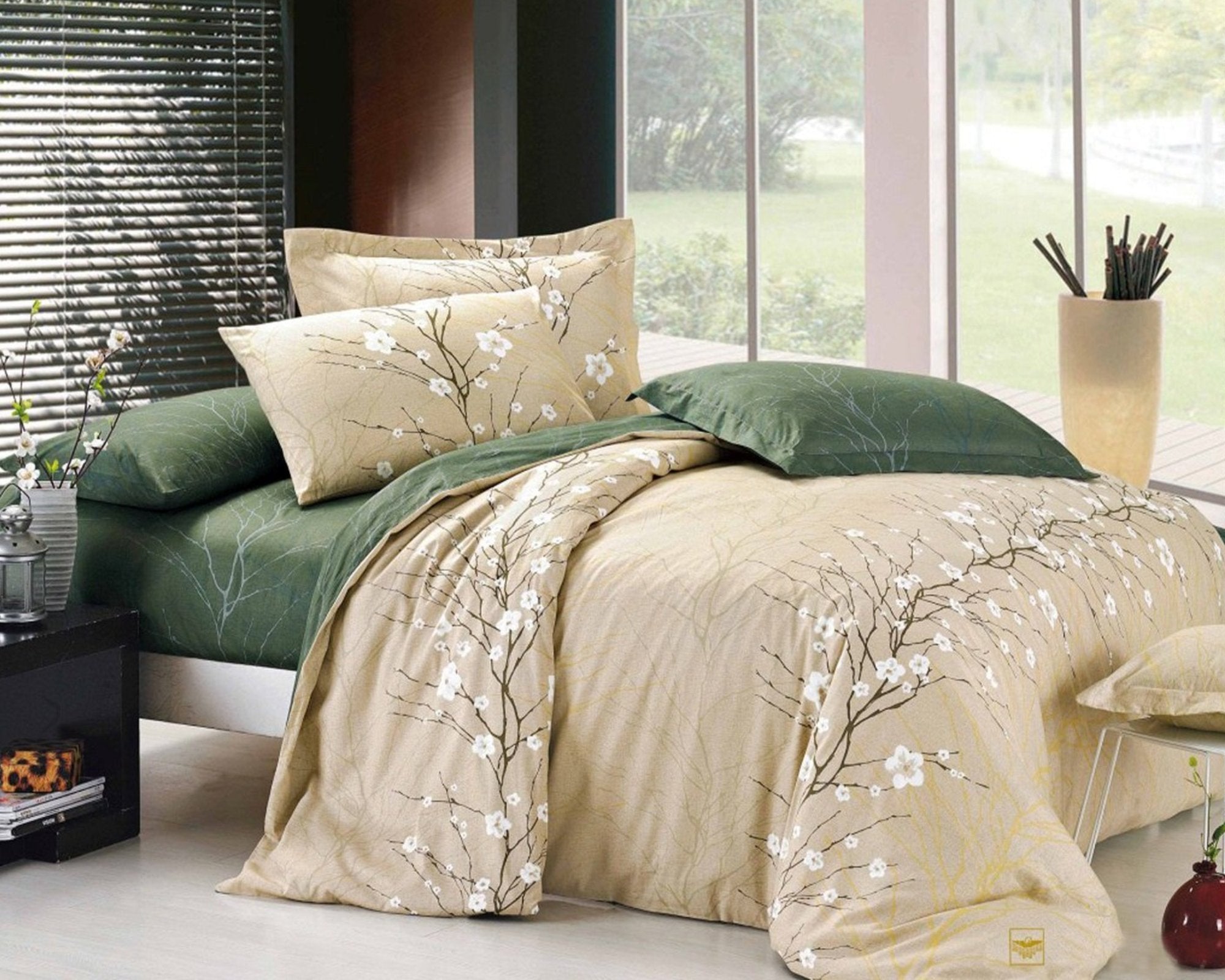 Cherry Blossom 3 Piece 100% Cotton Bedding Set: Duvet Cover and Two Pillow Shams